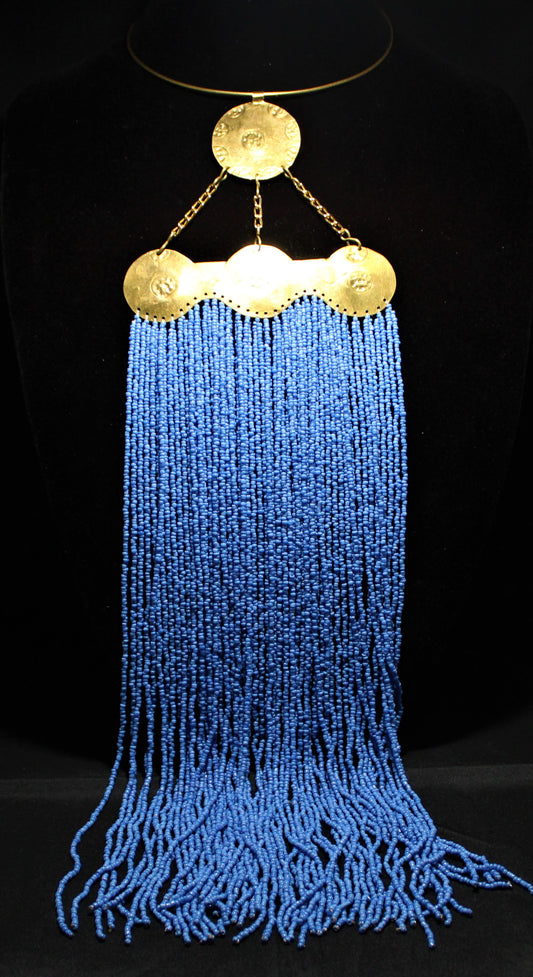 Blue Rain – Beaded Fringe Medallion Waterfall Necklace