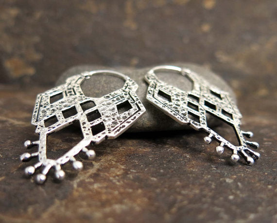 Toltec Kasbah Drop Hoop Earrings Silver