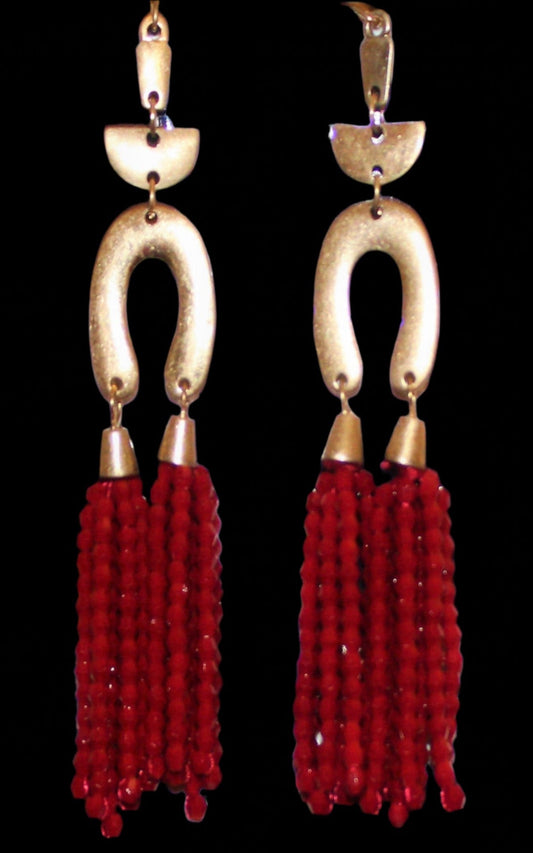 Crimson Drop Gold Earrings with Red Crystal Tassels