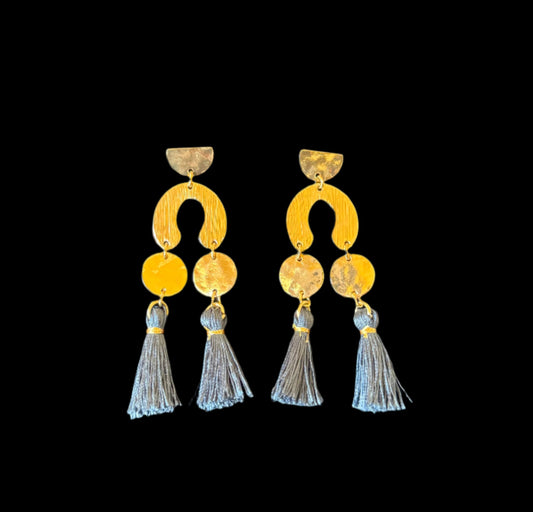 Nova Tides Gold Geometric Earrings with Navy Tassels