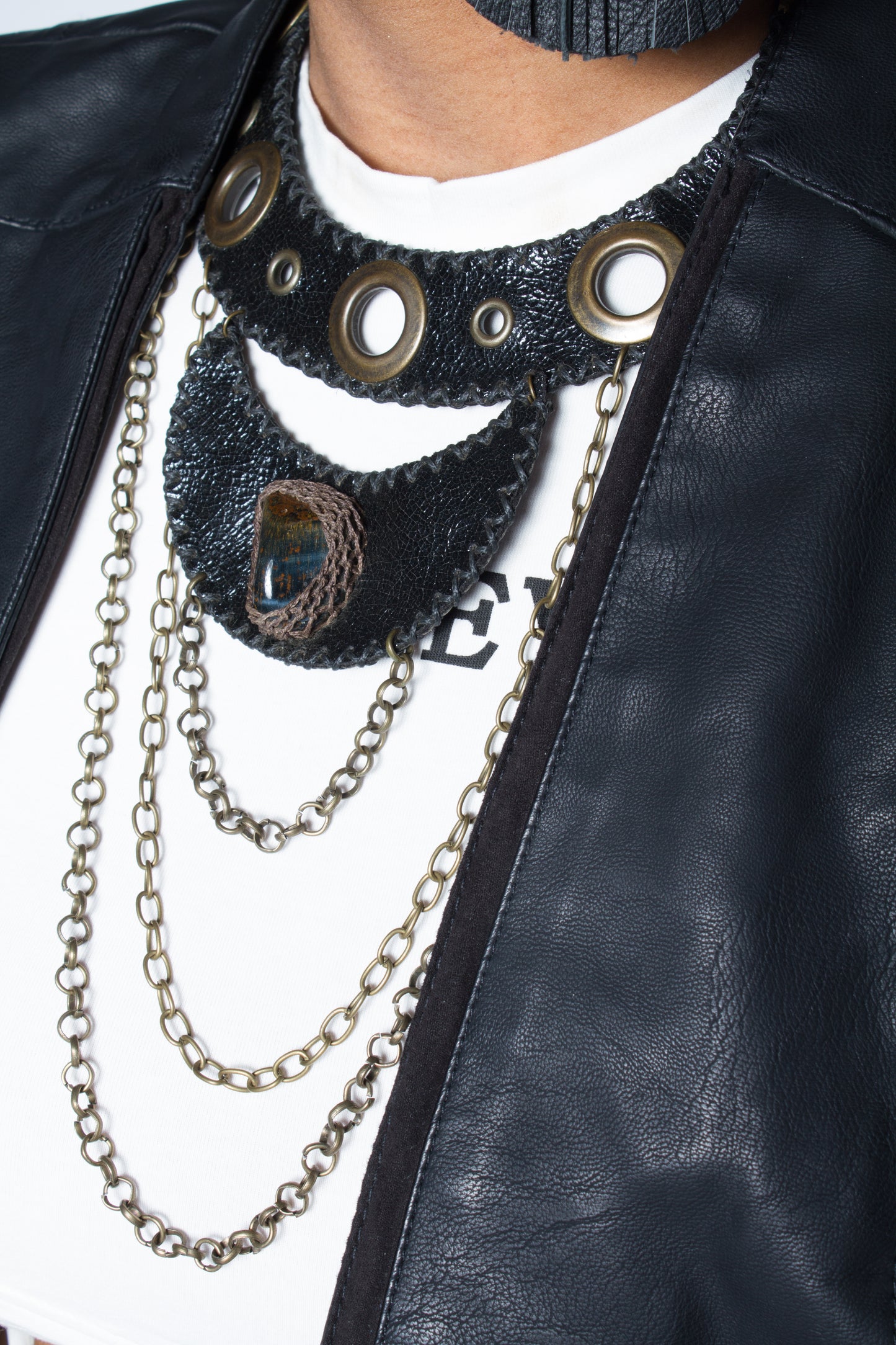 Shadow Empress Leather, Chain & Obsidian Statement Necklace
