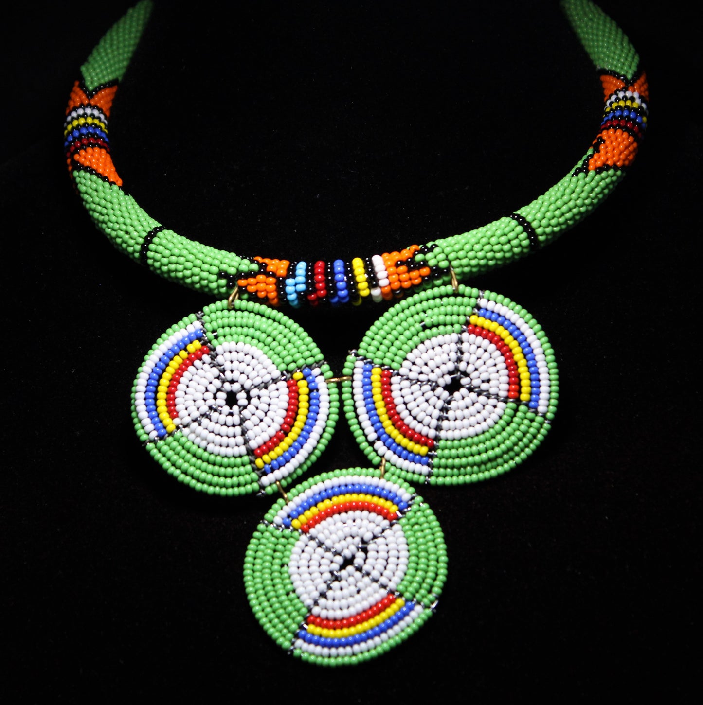 Maasai Sunwheel Necklace Triple Medallion in Green