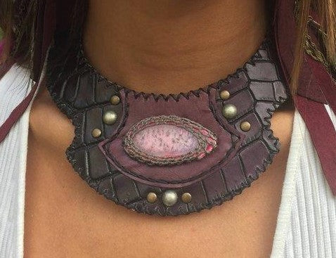 Aztec Crimson Moon Leather Warrior Choker Pink Agate